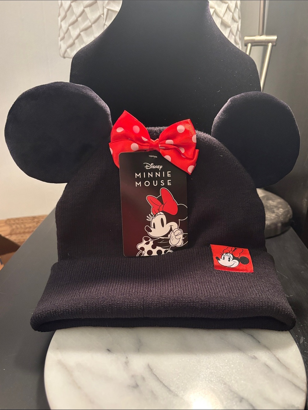 Disney Minnie Mouse Black Beanie Hat with Red Bow and Patch